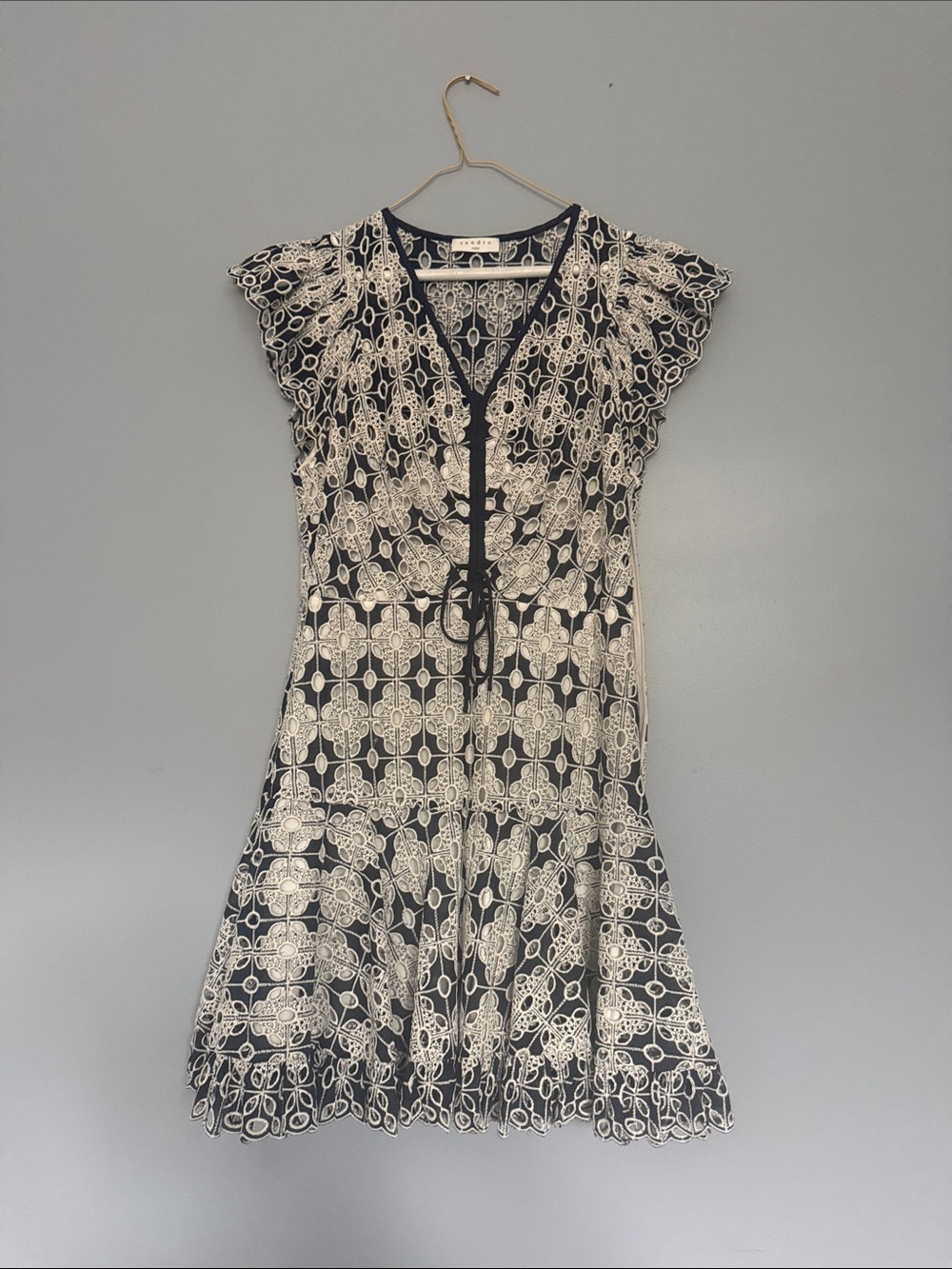 Lace-Overlay Navy Mini Dress with Tie Front